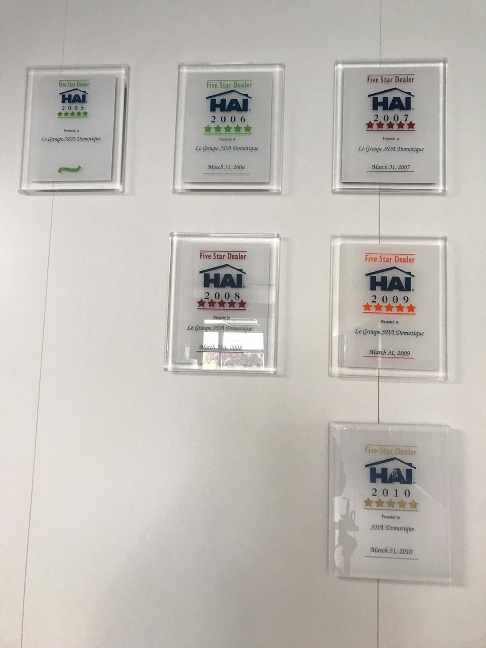 HAI Five Star Dealer awards 2005–2010 presented to Le Groupe SDA Domotique