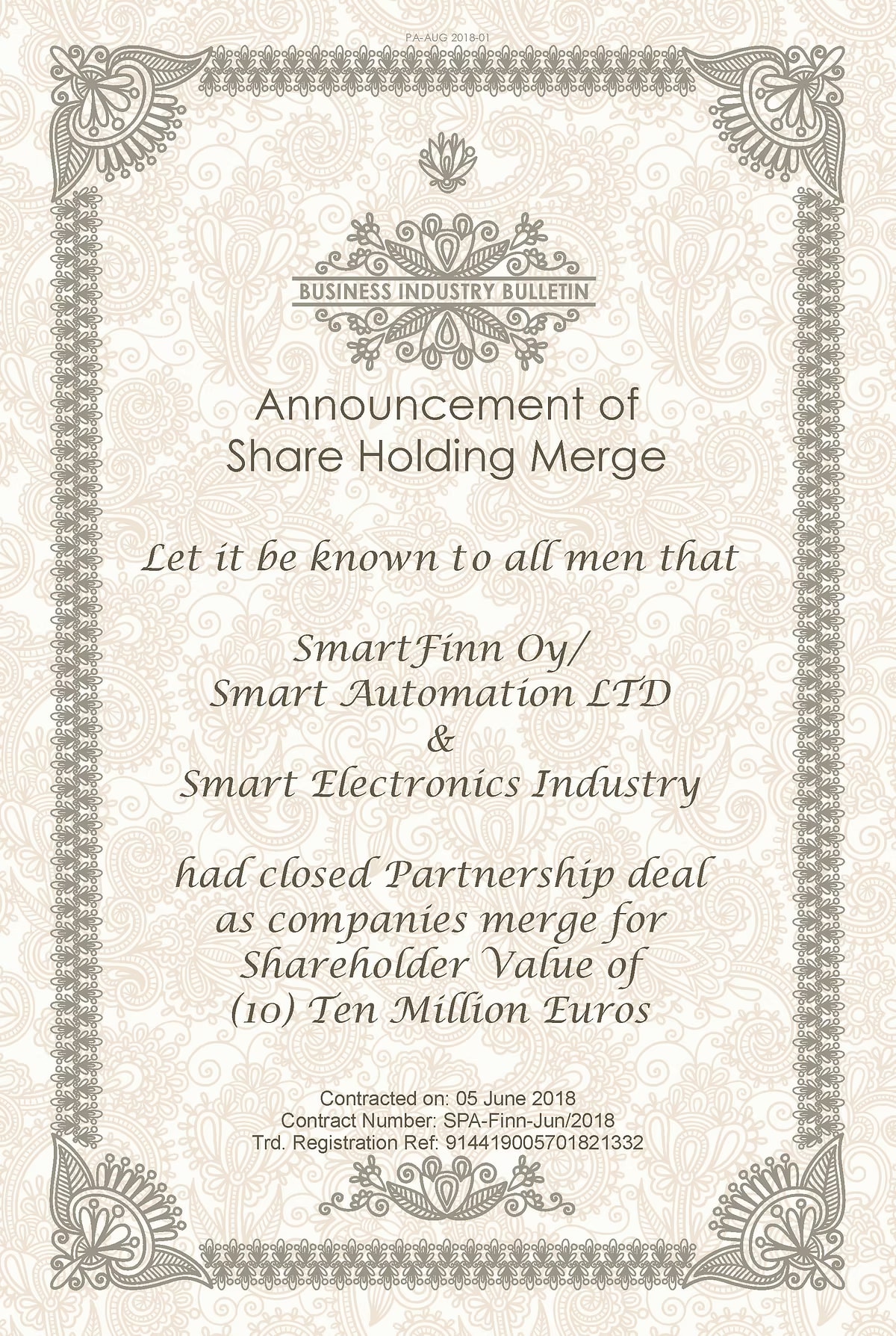 Announcement of Share Holding Merge — SmartFinn Oy / Smart Automation LTD & Smart Electronics Industry — June 2018