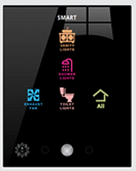 HX Bathroom Panel — black glass with SMART header and coloured icons: Vanity Lights, Shower Lights, Exhaust Fan, Toilet Lights, All-off