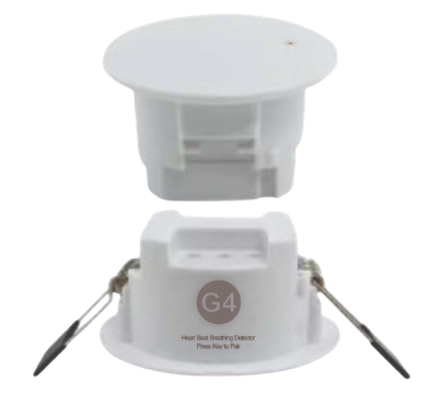 HX Heart Beat Breathing Detector — white ceiling-recessed sensor with spring-clip mount, G4 branded, detects occupant breathing and heartbeat for true presence detection