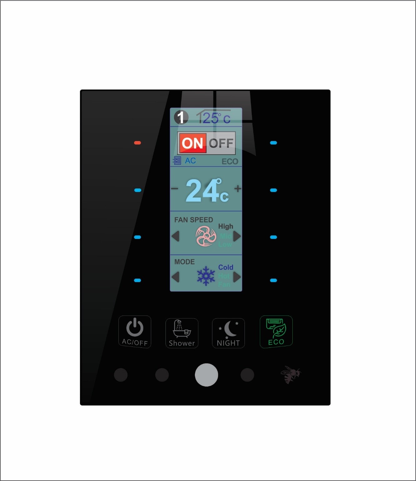 HornetX HXD all-in-one panel — black glass with central colour LCD showing 24°C AC temperature, ON/OFF, fan speed High, mode Cold, with AC/OFF, Shower, Night and ECO preset buttons below