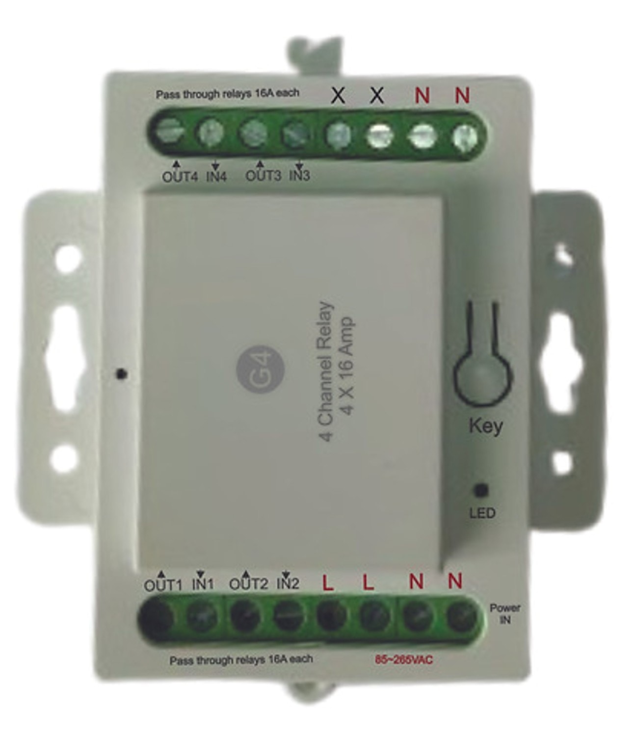 HX 4-channel relay contactor 4×16A — white metal enclosure with green terminal blocks, OUT1-4 and IN1-4 labelling, 85–265VAC, pass-through relays 16A each