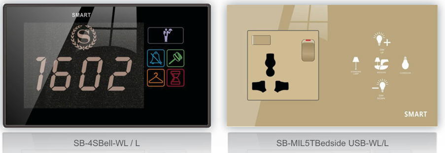 Mil Series black glass bell panel — room number 1602 display with DND/MUR service icons