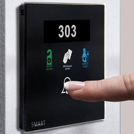 Mil Series black glass door bell panel — room 303 with DND, RFID access, and Make Up Room icons
