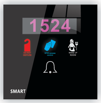 Mil Series black glass door bell panel — room 1524 with DND, RFID access, MUR, and bell icons