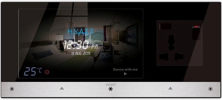 Q-Metalica Series wide bedside panel — Hyatt hotel mirror display showing room scene, 25°C temperature, date and time with universal socket