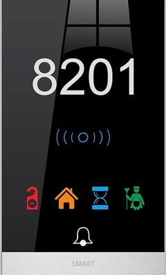Q-Metalica Series wide door bell with service panel — full GRMS display with temperature, MUR, Laundry, Clean Shoes service icons and brushed aluminium base