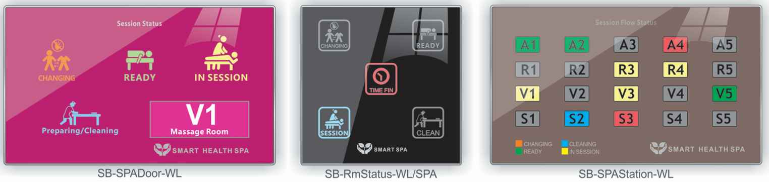 Smart Health Spa system — SB-SPADoor-WL door panel showing Changing, Ready, In Session, and Preparing/Cleaning status; SB-RmStatus-WL/SPA in-room controller with Time Fin, Session, and Clean buttons; SB-SPAStation-WL multi-station session flow board with A1–A5, R1–R5, V1–V5, S1–S5 room grid