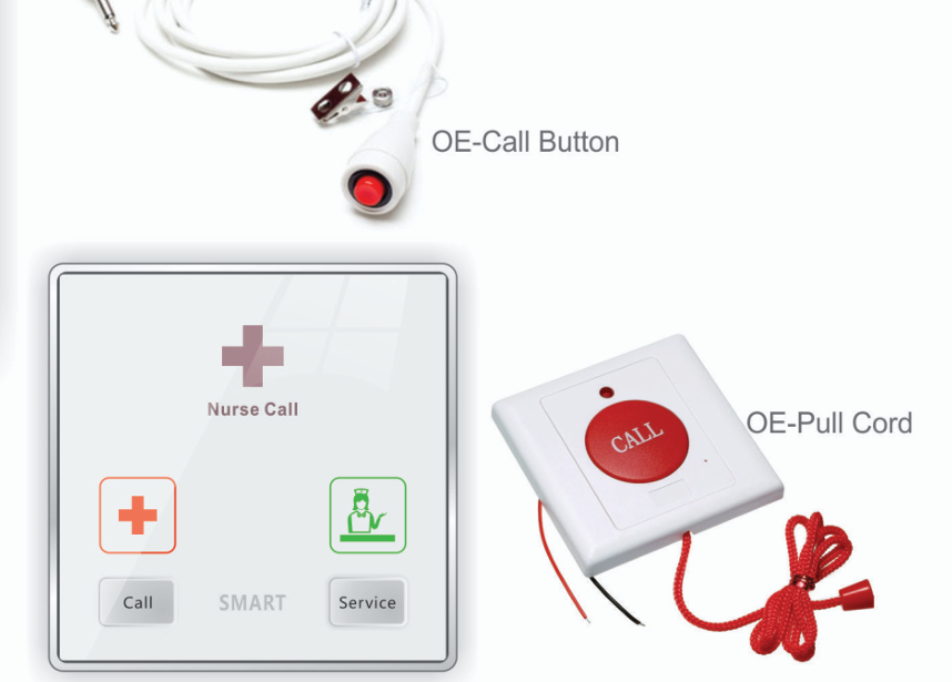 Smart Hospital nurse call accessories — OE-Call Button pendant, OE-Pull Cord emergency pull, and bedside Nurse Call panel with Call and Service buttons