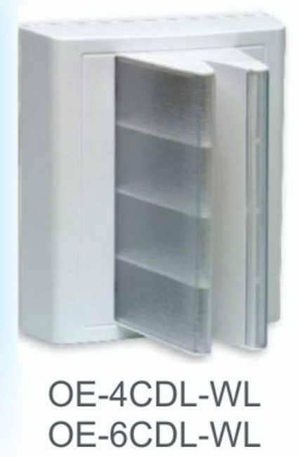 Smart Hospital nurse call wall status light cabinet — OE-4CDL-WL and OE-6CDL-WL open showing internal wiring compartments
