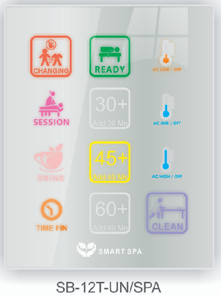 Smart G4 SB-12T-UN/SPA — spa and therapy room control panel with session timer, AC control, service request, and room status buttons