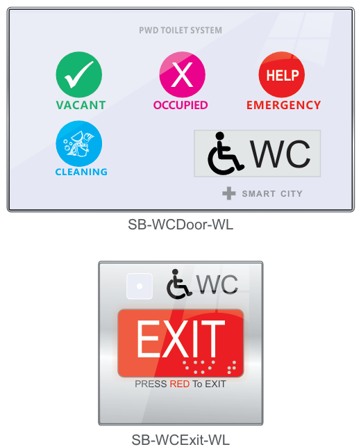 Smart G4 PWD Toilet System — SB-WCDoor-WL door display showing Vacant, Occupied, Emergency, and Cleaning status; SB-WCExit-WL exit panel with large red EXIT button and Braille markings